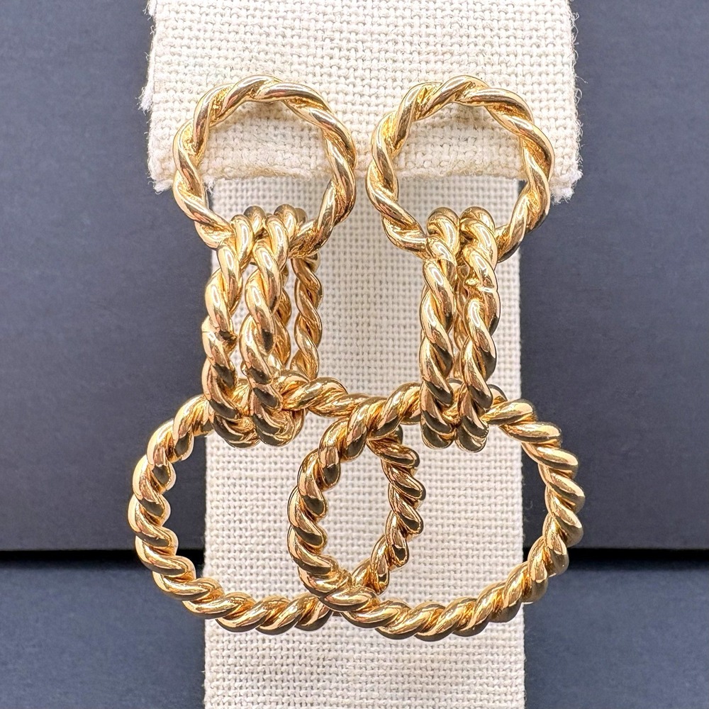Vintage Monet Twisted Rope Link Earrings Gold Tone Dangle Drop Pierced